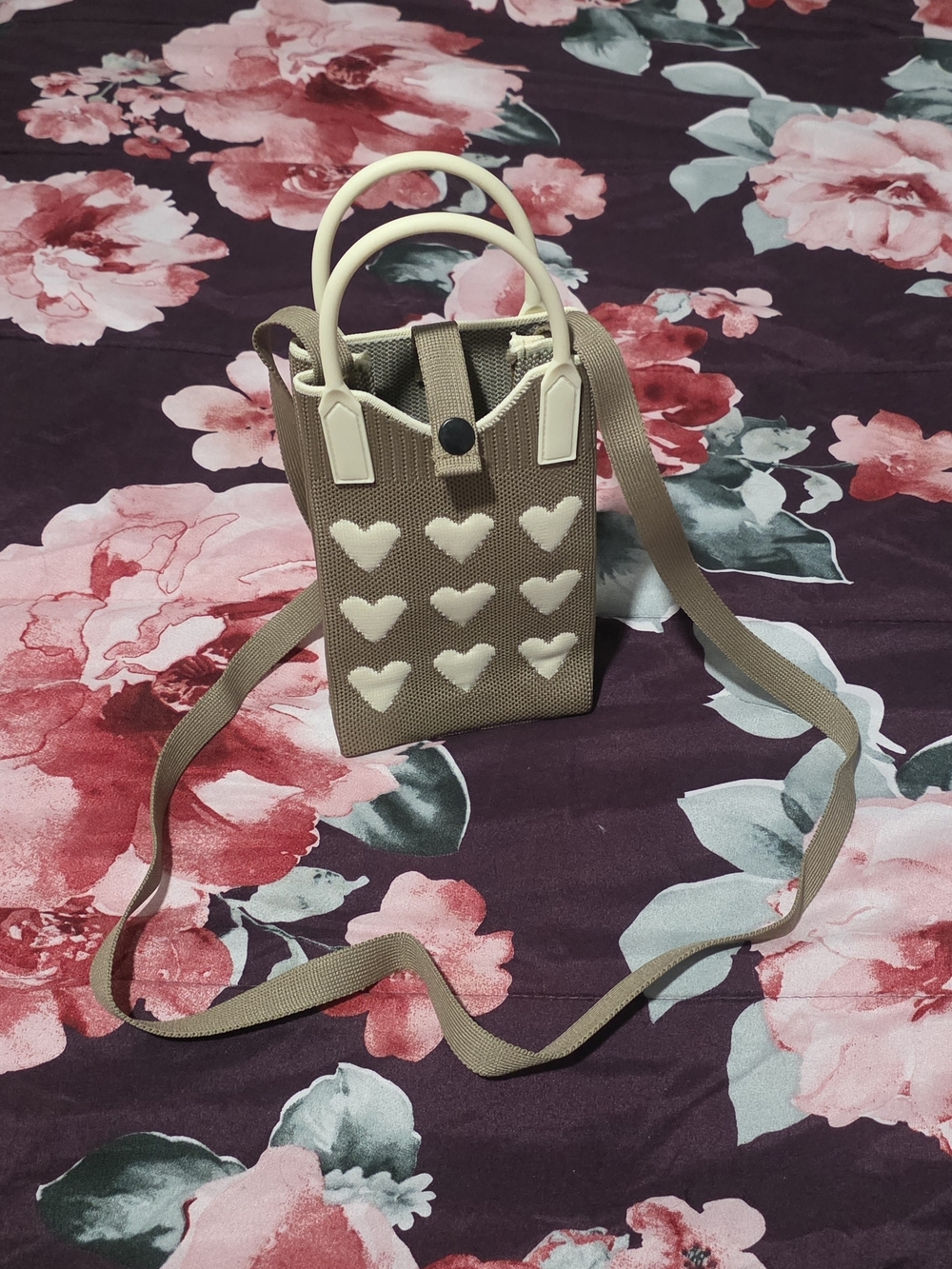 Beige Heart-Accent Mini Tote Bag by